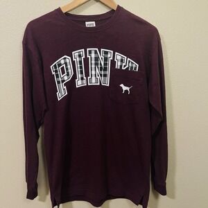 Victoria's Secret PINK Campus Long Sleeve Tee Burgundy Pocket Dog Oversized Sz S
